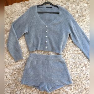 Nasty Gal light blue knit furry sweater cardigan & shorts lounge wear set